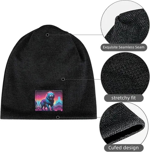 Vista 6 de Synthwave Sabertooth Patterned Black Fleece-Lined Warm Men's and Women's Hood, Winter Outdoor Sports Ski Cap