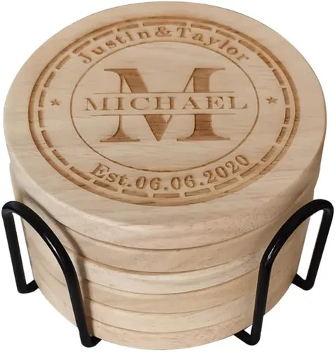 Vista 18 de Posavasos de madera personalizados para bebidas, grabado personalizado, monograma, grandes regalos para familiares, amigos o para ti mismo