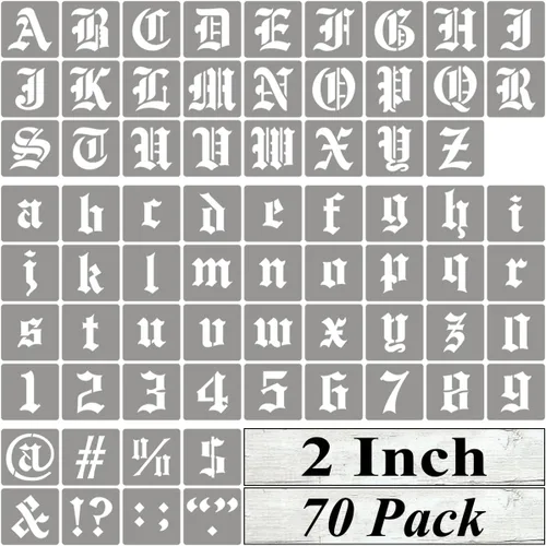 Vista 8 de Plantillas de letras del alfabeto de 1 pulgada para pintar, paquete de 70 plantillas de letras en inglés antiguo con números y letreros para pintar
