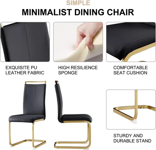 Vista 6 de Juego de mesa de comedor de 63 pulgadas para 4, juego de mesa de comedor dorado moderno para 4, juego de mesa de cocina de mármol sintético