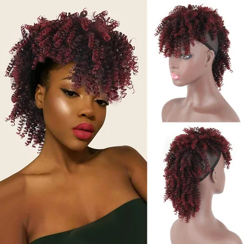 Vista 11 de Aisaide Cola de caballo afro Mohawk alta con flequillo sin cordón, extensión de cola de caballo corta rizada sin cordón, clip sintético en moño