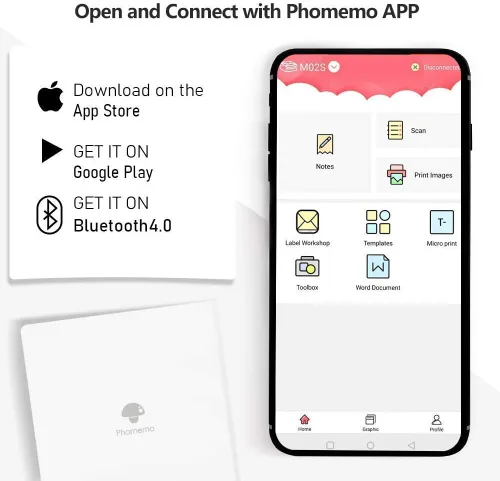 Vista 2 de Phomemo M02 Mini impresora móvil, impresora térmica Bluetooth con 3 rollos de papel adhesivo transparente, compatible con iOS + Android para diario