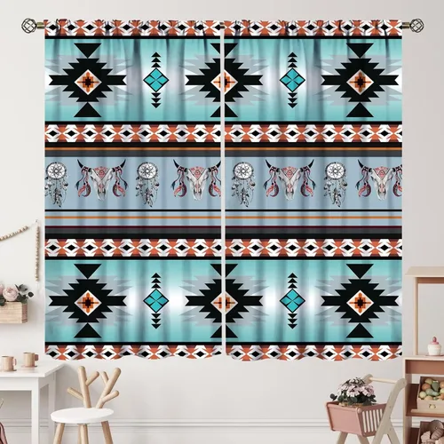 Vista 146 de Cortinas con patrón geométrico tribal, estilo suroeste, azteca, rústico, occidental, nativo americano, opacas, con bolsillo para barra, decoración