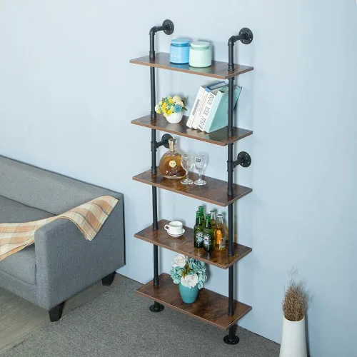 Vista 9 de Estantería Industrial de 5 estantes con tubos, estantería moderna y negra, estante de escalera para montaje en pared con marco de metal