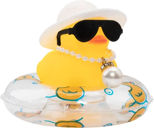 Vista 8 de wonuu Pato de goma para automóvil, decoración de pato amarillo con sombrero para el sol, anillo de natación, collar, gafas de sol para decoración