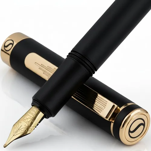 Vista 20 de Scriveiner Pluma Estilográfica EDC de Lujo (Mediana), Impresionante Pluma de Bolsillo Negra de Lujo, Chapado en Oro Real, Plumín Dorado Schmidt 1.