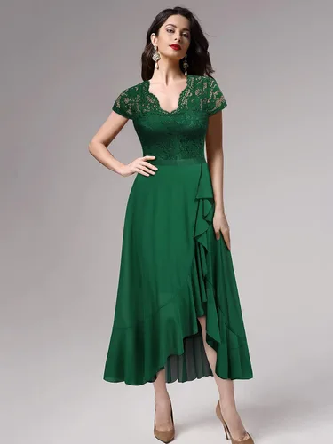 Vista 3 de Miusol - Vestido largo elegante para mujer, con volantes, encaje y cuello en V, ideal para damas de honor