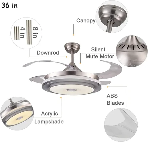 Vista 5 de Makewa Ventilador de techo retráctil de 36 pulgadas con altavoz Bluetooth, moderno ventilador de araña con control remoto de 3 velocidades