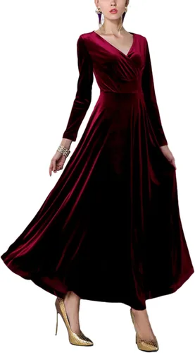 Vista 8 de Urban CoCo Vestido largo de terciopelo elástico con manga larga y cuello en V para mujer Negro