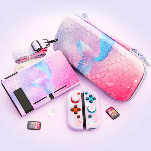 Vista 6 de GLDRAM Purple Carrying Case for Nintendo Switch, Accessories Bundle with Protable PU Travel Case, PC Protetive Shell, 9H Screen Protector, Thumb
