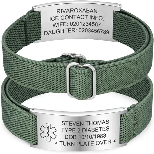 Vista 8 de Pulsera de alerta médica personalizada para hombres - Pulseras de identificación de acero inoxidable con correa elástica personalizada grabada