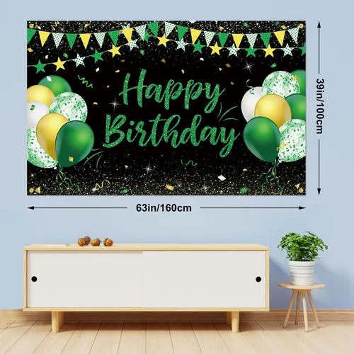 Vista 3 de Cartel de fondo de feliz cumpleaños verde dorado y negro para niños, hombres y mujeres, aniversario, fiesta de cumpleaños, fotos, fondo de cabina