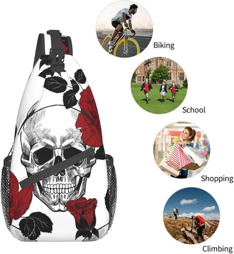 Vista 6 de Bandolera cruzada de girasol y bandera estadounidense para mujeres y hombres, bolsa de viaje para senderismo, bolsa de pecho, Rose and Skull