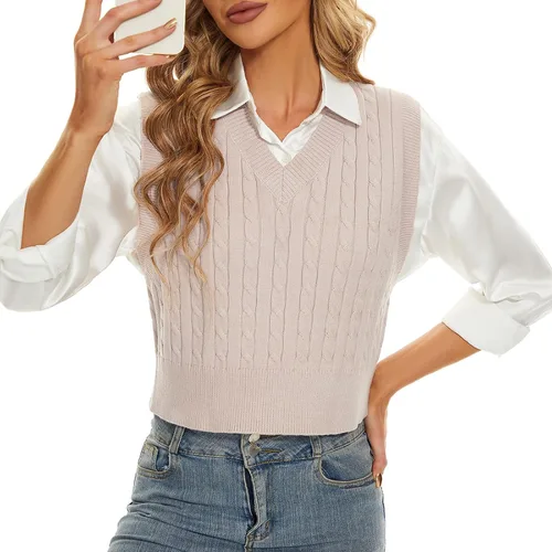 Vista 4 de Chaleco de punto trenzado para mujer, cuello en V, sin mangas, suéter de punto trenzado