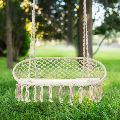 Vista 9 de Giantex Silla hamaca de 2 asientos, silla colgante de macramé con cojín, cuerdas de algodón colgantes, marco de metal, columpio