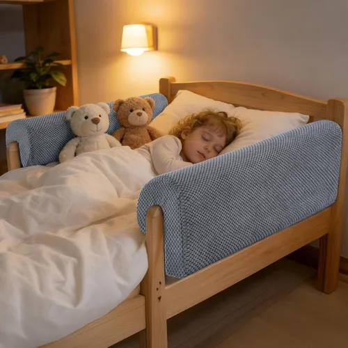 Vista 2 de Protector de parachoques para barandilla de cama para niños, barrera acolchada suave, altura aumentada, fácil de instalar, funda lavable, se adapta