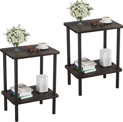 Vista 23 de Apicizon - Mesa auxiliar de 2 niveles, pequeña mesa auxiliar con patas de madera maciza, mesa de noche estilo boho con estante de almacenamiento
