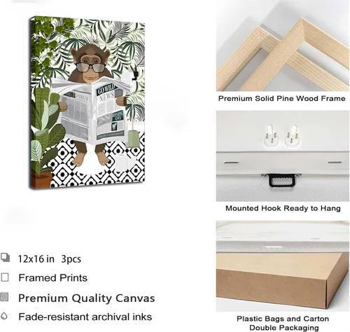 Vista 6 de 3 piezas de lienzo de animales de la selva para baño, arte de pared de cebra en la bañera, imágenes de mono león en el inodoro, lectura