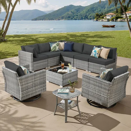 Vista 26 de ovios Juego de muebles de patio al aire libre de 5 piezas con mesa de café, conjunto seccional de muebles de patio con sofá de mimbre para todo tipo