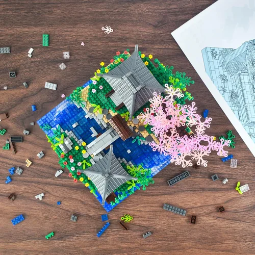 Vista 5 de Vziimo Juego de micro bloques de construcción de árbol bonsái de cerezo, arquitectura china, kits de estanque de flor de melocotón, árbol de sakura