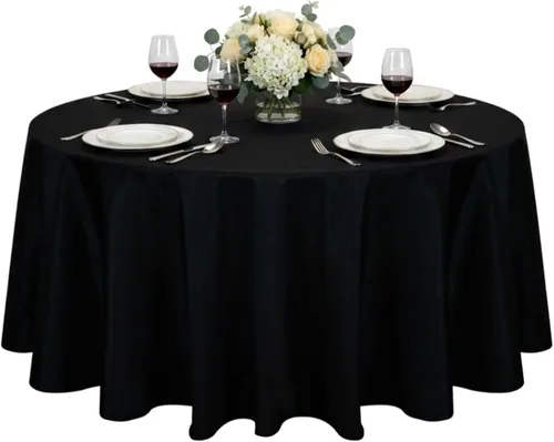 Vista 6 de Restaurantware Table Tek - Manteles redondos de 120 pulgadas para boda, 10 manteles redondos de poliéster negro, lavables, sin arrugas
