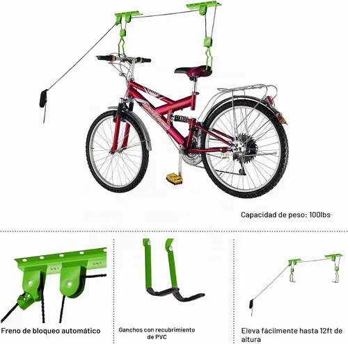 Vista 5 de Rad Sportz - Juego de 2 perchas para bicicleta con sistema de polea superior para garaje o cobertizo con capacidad de 100 libras para bicicletas
