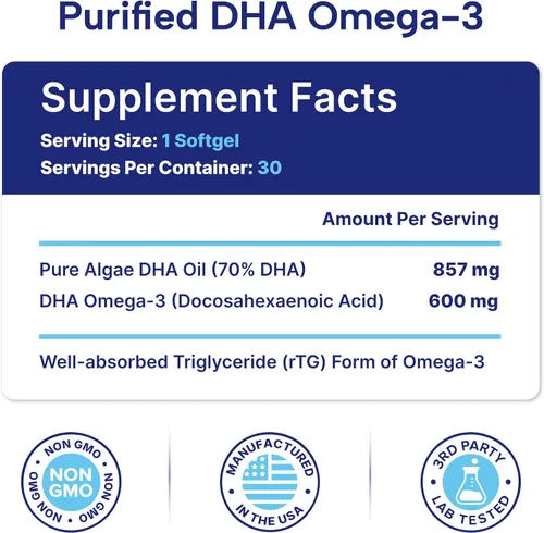 Vista 6 de OmegaVia Prenatal DHA 600mg Suplemento de Omega-3 sin pescado Apoya el desarrollo del cerebro, ojos y sistema nervioso del bebé Seguro