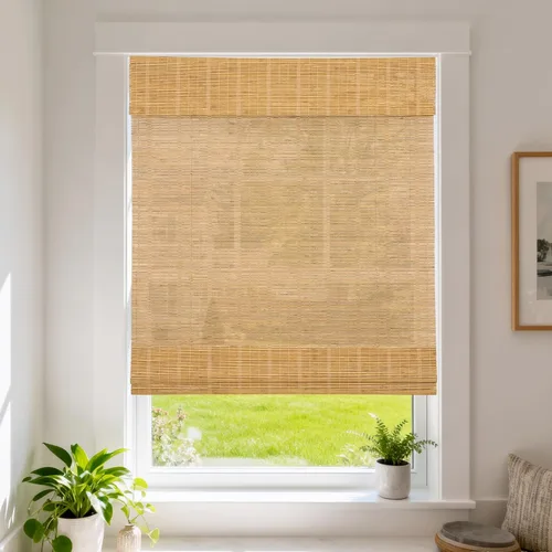 Vista 13 de Cortinas Letau de madera, estilo romano, para ventanas, con cenefa, filtran la luz Marrón almendra