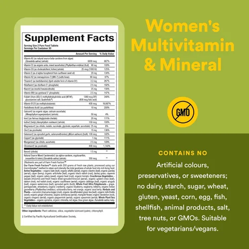 Vista 4 de Whole Earth & Sea de Natural Factors, Multivitamínico y mineral para mujeres, suplemento de alimentos integrales, vegano, 60 tabletas (30 porciones)