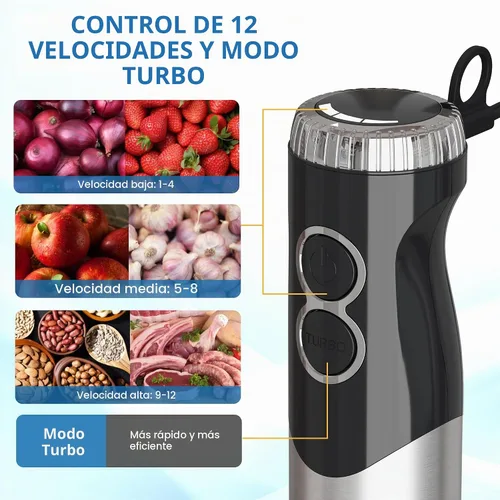 Vista 3 de Batidora de inmersión profesional 6 en 1, licuadora de mano resistente con 12 velocidades y 10 accesorios, picadora de alimentos de 20 onzas