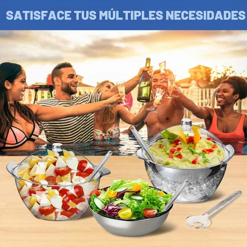 Vista 5 de LIMOEASY Tazón para ensalada helada, tazón grande de 4.5 Qt para servir frío con tapa para fiestas, tazones de hielo para mantener frías