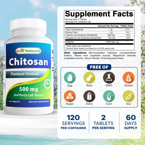 Vista 2 de Best Naturals- Quitosano- 500 mg- 120 Tabletas