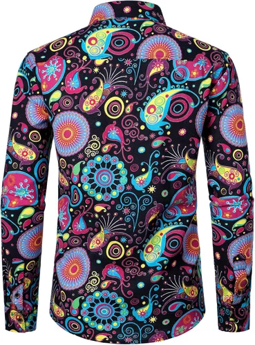 Vista 3 de LucMatton - Camisa de lino elegante con patrón tradicional estampado, manga larga y con botones para hombre