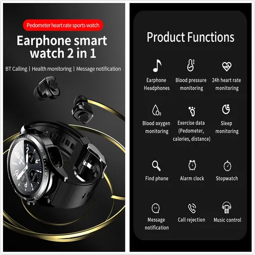 Vista 2 de Tuanzi JM03 2 en 1 Reloj inteligente con auriculares 1.28 "Smartwatch TWS HiFi Stereo Wireless Headset Combo Bluetooth Phone Call para Android iOS