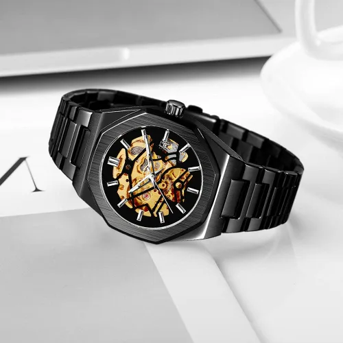 Vista 2 de Tiong Reloj de pulsera mecánico de acero inoxidable de esqueleto de lujo, resistente al agua, negro, automático, para hombre