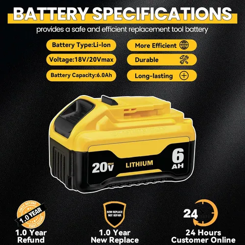 Vista 2 de DCB200 6.0Ah Reemplazo para DeWalt 20V Max Batería de litio ION DCB200 DCB201 DCB203 DCB204 DCB206 DCB180 DCD/DCF/DCG Series Herramientas eléctricas