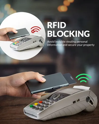 Vista 4 de VULKIT Tarjetero minimalista para tarjetas de crédito tarjetas emergentes protección RFID cartera de metal delgada Gris Space Grey Minimalista