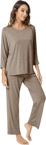 Vista 4 de NACHILA Conjunto de pijama de manga larga para mujer, pantalones largos suaves de bambú con bolsillos, S-XL