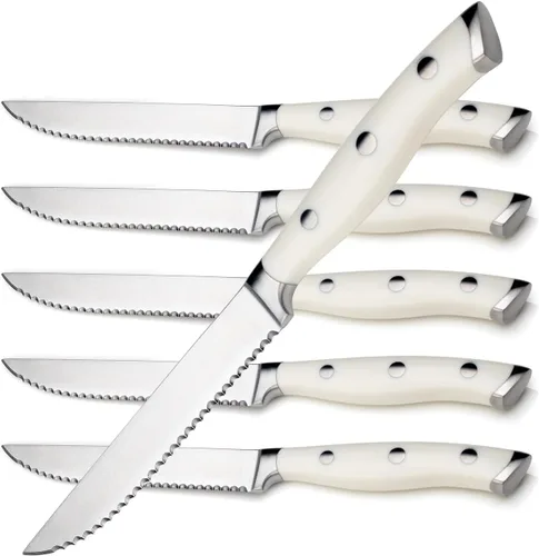 Vista 17 de Alata Juego de cuchillos para carne de 8 piezas, 4.7 pulgadas con borde dentado, cuchillos afilados para cena, construcción de espiga completa Negro