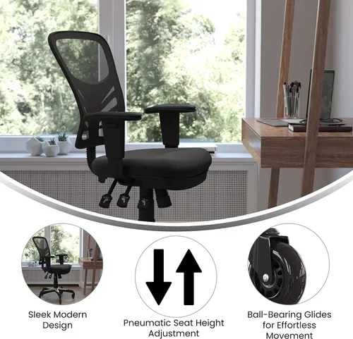 Vista 4 de Flash Furniture Nicholas Silla de oficina ergonómica giratoria ejecutiva multifunción de malla negra con brazos ajustables y ruedas de rodillo