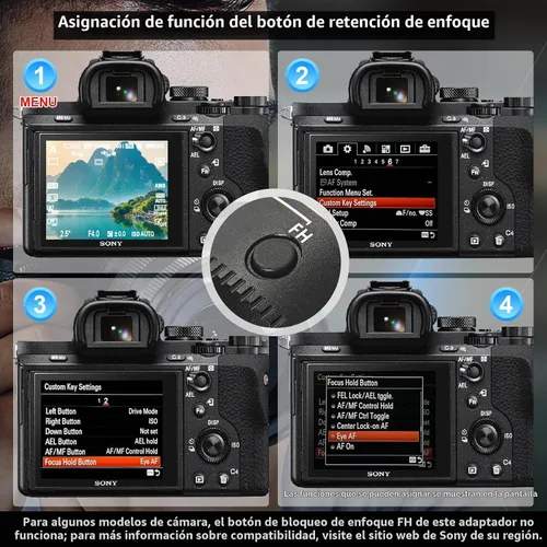 Vista 6 de GEORDGY - Adaptador de montaje de objetivo, EF-SE Pro para lentes Canon EF/EF-S, compatible con cámaras de la serie E-Mount Sony, funciones
