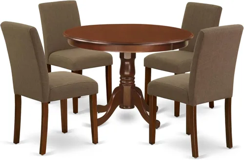 Vista 17 de East West Furniture HLAB5-MAH-72 - Juego de mesa de comedor de 5 piezas, incluye una mesa de comedor redonda con pedestal y 4 sillas tapizadas