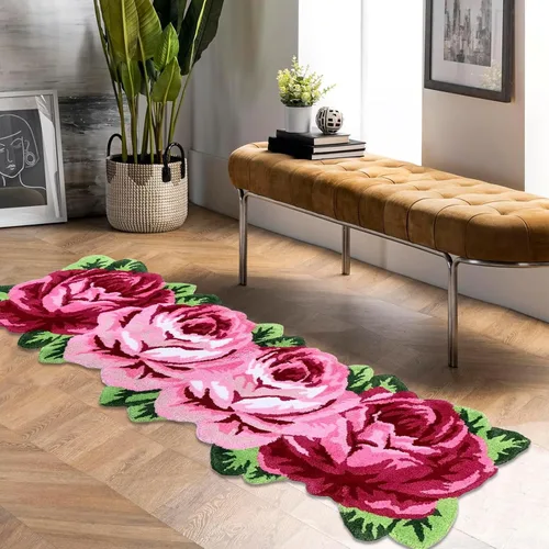 Vista 23 de USTIDE Bonita alfombra de baño de rosas para baño, alfombra de baño naranja de lujo, antideslizante, con forma de flor, alfombra de ducha de felpa