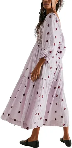 Vista 3 de Vestido largo bohemio con cuello en V profundo y mangas abombadas para mujer, estilo casual, floral, de gasa, escalonado, con vuelo, para fiesta