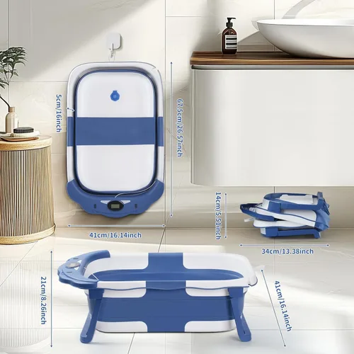 Vista 5 de Bañera para bebé, bañera plegable para bebé con termómetro y cojín flotante suave, bañeras portátiles de viaje para bebés para recién nacidos a Gris