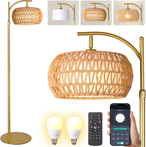 Vista 8 de Lámpara de pie de ratán bohemio para sala de estar - Diseño de arco dorado, LED 12W (1 en uso + 1 de repuesto), control remoto y regulable de 3
