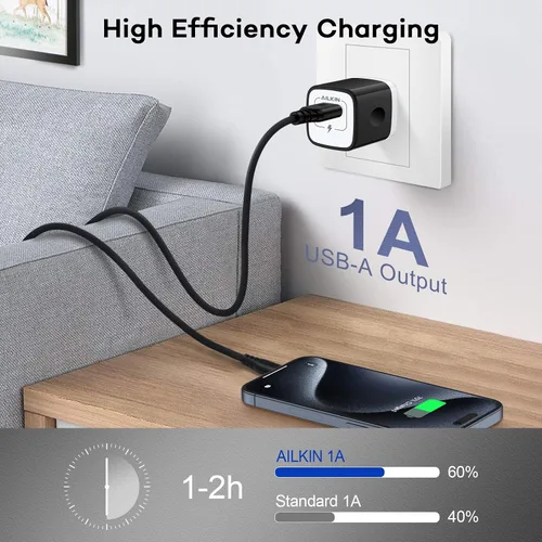 Vista 6 de Cargador de pared USB multipuerto de 1 puerto, adaptador de cargador, paquete de 5 enchufes de carga rápida de 1 amperio, enchufe USB ac Cube