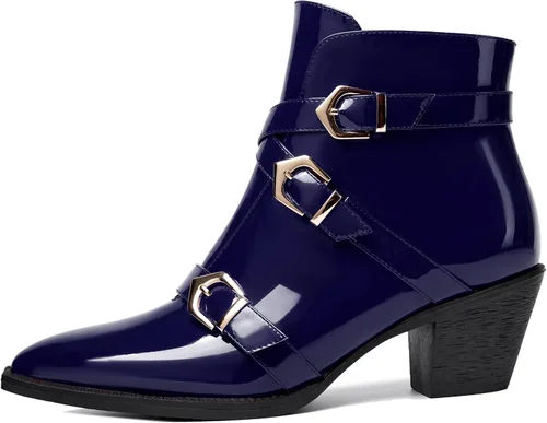 Vista 2 de SKYSTERRY Botas altas de tacón bajo grueso con cremallera y puntera puntiaguda para mujer, 2.5 pulgadas