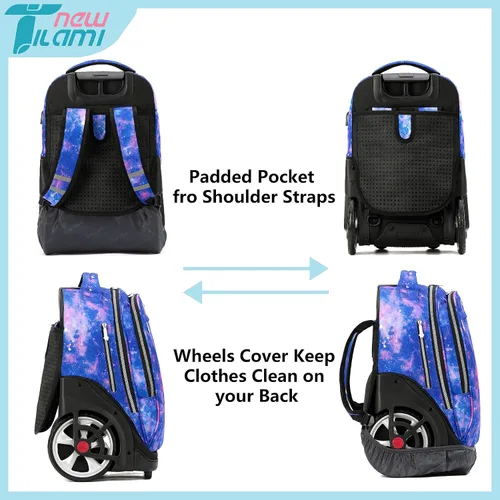 Vista 95 de NEW TILAMI Mochila con ruedas de 19 pulgadas con bolsa de almuerzo para niñas y niños, mochila para laptop con ruedas, bolsa de mano duradera