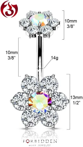 Vista 2 de Forbidden Body Jewelry Piercing para ombligo de acero quirúrgico con diseño de flores de circonita cúbica y parte superior a juego con rosca interna
